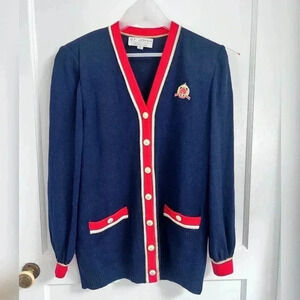 St. John Collection Navy Blue Red Santana Knit Cardigan